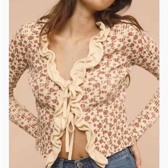 Rouje Tops - Rouje Gegene Rib Knit Cardigan Rosita Ecru Floral Ruffle Front NWT Size EU36 US4